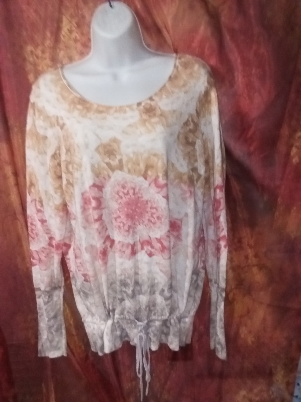 Vera Wang- Boho Floral Drawstring Hem Pink and Tan Tie Dye Long Sleeve Top